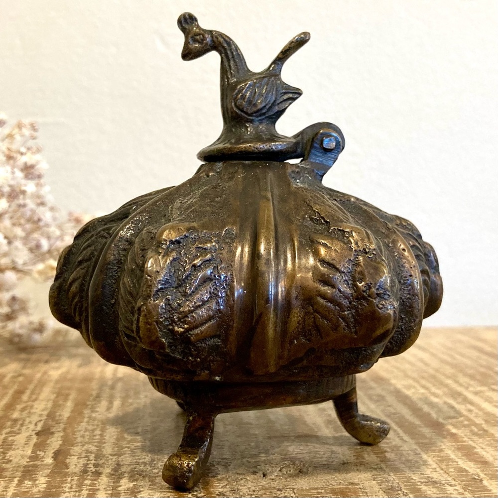 Vintage Ornate Footed Metal Inkwell with Rooster Lid
